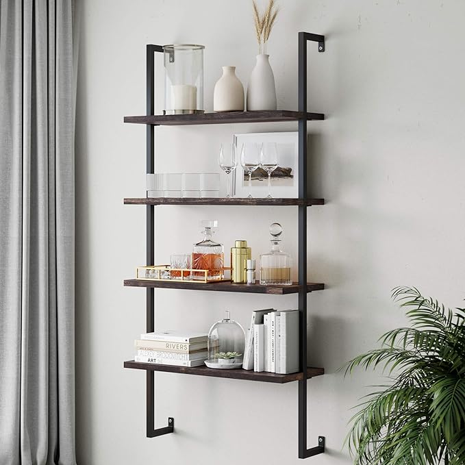 Nathan James Theo 4-Shelf Bookcase, Floating Wall Mount Shelves with Natural Wood and Industrial Pipe Metal Frame, Nutmeg/Black - LeafyLoom
