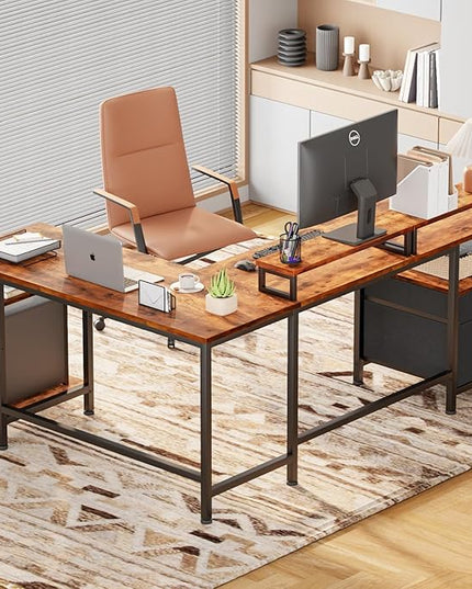 Furologee 66" L Shaped Computer Desk with Shelves, Reversible Corner Gaming Desk with File Drawer and Dual Monitor Stand, Large Home Office Desk Writing Study Table Workstation, Rustic Brown - LeafyLoom