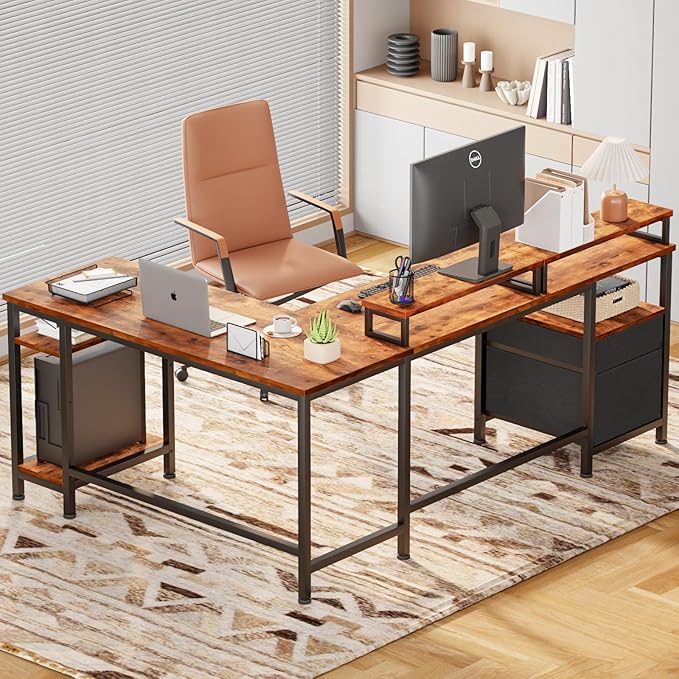 Furologee 66" L Shaped Computer Desk with Shelves, Reversible Corner Gaming Desk with File Drawer and Dual Monitor Stand, Large Home Office Desk Writing Study Table Workstation, Rustic Brown - LeafyLoom