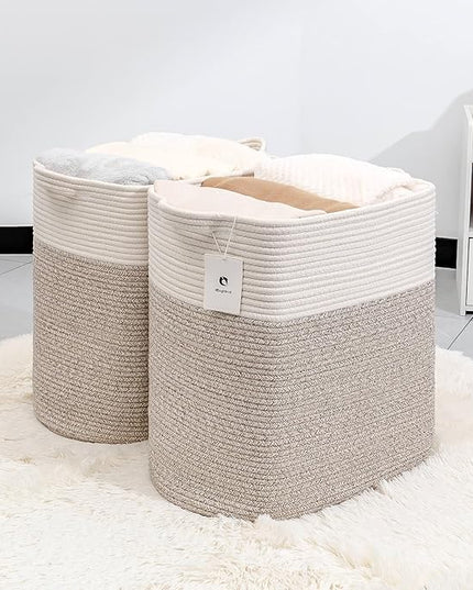 Toy Storage Baskets for Clothes Fabric Cotton Rope Storage Basket with Handles, Decorative Woven Basket for Living Room,Closet Organizer Blankets, and Toys (White Brown 2bags) - LeafyLoom