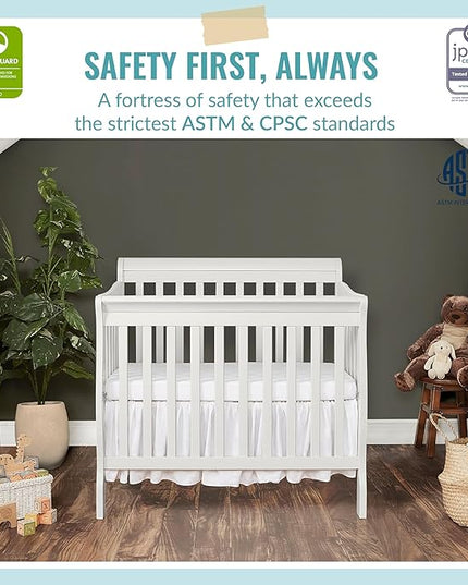 Aden 4-in-1 Convertible Mini Crib In White, Greenguard Gold Certified, Non-Toxic Finish, New Zealand Pinewood, With 3 Mattress Height Settings - LeafyLoom