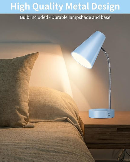 RUNTOP Metal Desk Lamp, Eye-Caring Table Lamp, Study Lamps with Flexible Goose Neck for Bedroom and Office, Desk lamp with USB, 5 Color Temperatures, 5 Brightness Levels (Blue) - LeafyLoom