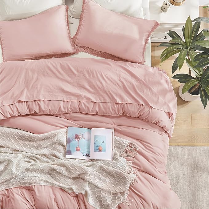 Andency Pink Comforter Set Full Size for Girls, Blush Boho Women Tassel Lightweight Bedding Comforter Sets, 3 Pieces All Season Soft Fluffy Fringe Bed Set (79x90In Comforter & 2 Pillowcases) - LeafyLoom