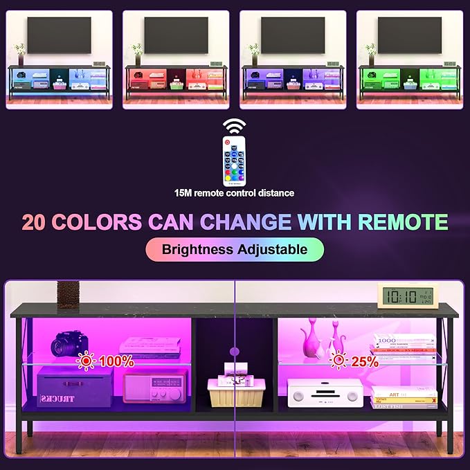Clikuutory 63 Inch Marble Texture TV Stand with LED Lights for 40 50 55 60 65 70 Inch TVs, 3Tier Modern Metal Television Stands with Entertainment Center and Storage for Living Room, Bedroom, Black - LeafyLoom