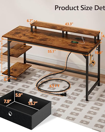 Furologee Computer Desk with Charging Station and LED Lights, 55" Office Gaming Desk with Adjustable Shelves and Fabric Drawer, Study Table with Monitor Stand and Hooks, Rustic Brown - LeafyLoom