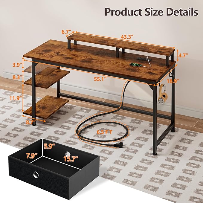 Furologee Computer Desk with Charging Station and LED Lights, 55" Office Gaming Desk with Adjustable Shelves and Fabric Drawer, Study Table with Monitor Stand and Hooks, Rustic Brown - LeafyLoom