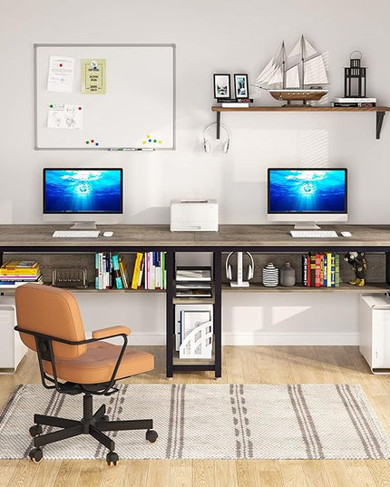 Tribesigns Two Person Desk with Bookshelf, 78.7 Computer Office Double Desk for Two Person, Rustic Writing Desk Workstation with Shelf for Home Office (Grey) - LeafyLoom