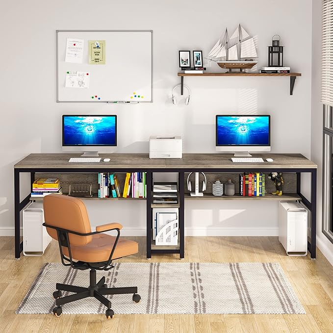 Tribesigns Two Person Desk with Bookshelf, 78.7 Computer Office Double Desk for Two Person, Rustic Writing Desk Workstation with Shelf for Home Office (Grey) - LeafyLoom