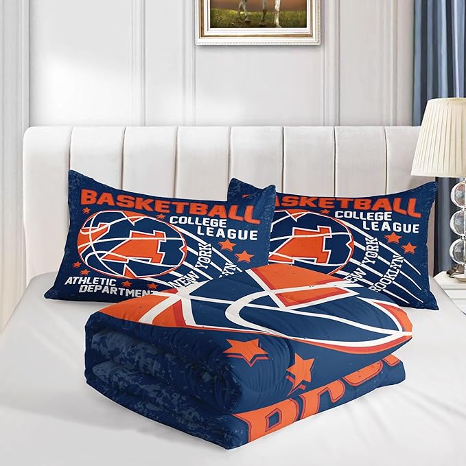Datura home Basketball Comforter Sets for Boys Kids,Orange Blue Theme Basketball Championship American Style,Duvet 3Pcs in Quilt Sets with 1 Comforter and 2 Pillowcases(Orange Twin) - LeafyLoom