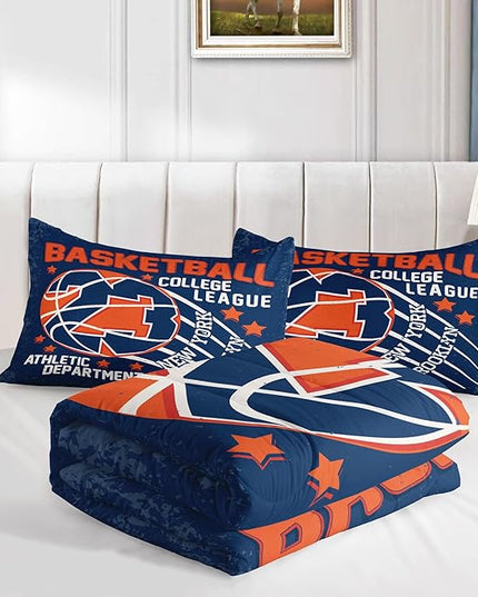 Datura home Basketball Comforter Sets for Boys Kids,Orange Blue Theme Basketball Championship American Style,Duvet 3Pcs in Quilt Sets with 1 Comforter and 2 Pillowcases(Orange Queen) - LeafyLoom