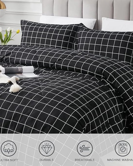 Andency Black Grid Comforter Set King Size (104x90 Inch), 3 Pieces(1 Grid Comforter and 2 Pillowcases), Summer Lightweight Microfiber Down Alternative Black Comforter with White Lines - LeafyLoom