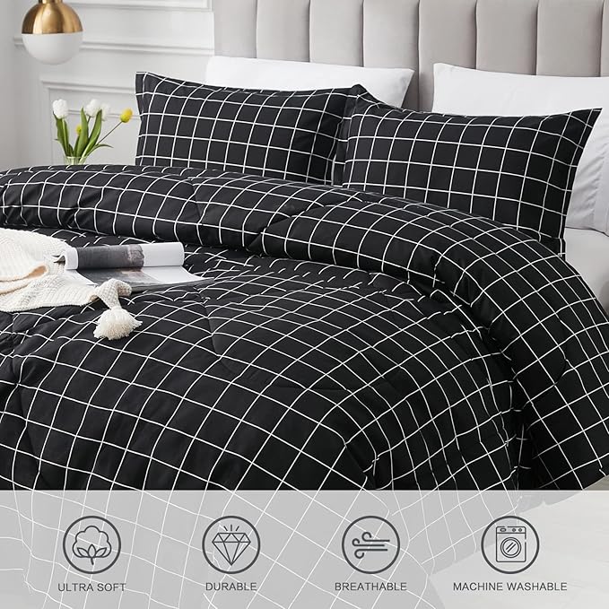 Andency Black Grid Comforter Set Twin Size (66x90 Inch), 2 Pieces(1 Grid Comforter and 1 Pillowcase), Summer Lightweight Microfiber Down Alternative Black Comforter with White Lines for Kids Girls - LeafyLoom