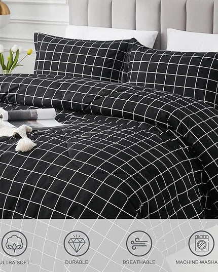 Andency Black Grid Comforter Set Queen Size (90x90 Inch), 3 Pieces(1 Grid Comforter and 2 Pillowcases), Summer Lightweight Microfiber Down Alternative Black Comforter with White Lines - LeafyLoom