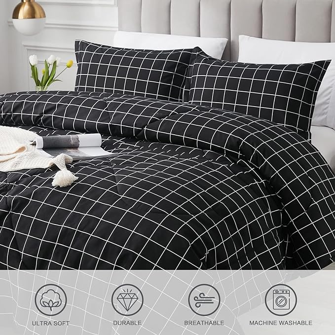 Andency Black Grid Comforter Set Queen Size (90x90 Inch), 3 Pieces(1 Grid Comforter and 2 Pillowcases), Summer Lightweight Microfiber Down Alternative Black Comforter with White Lines - LeafyLoom