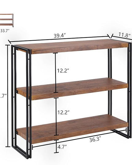 3 Tier Bookshelf Rustic Industrial Bookshelf Wood and Metal, Brown - LeafyLoom