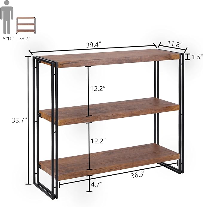 3 Tier Bookshelf Rustic Industrial Bookshelf Wood and Metal, Brown - LeafyLoom