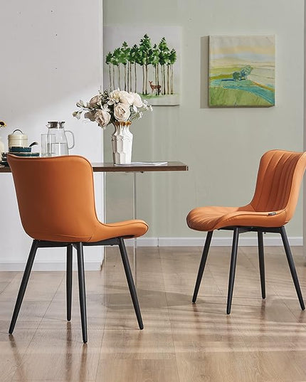 YOUNUOKE Dining Chairs Set of 2 Upholstered Mid Century Kitchen Chairs Armless Faux Leather Modern Side Chair with Padded Back Metal Legs for Living Room Bedrooms, Matte Orange - LeafyLoom