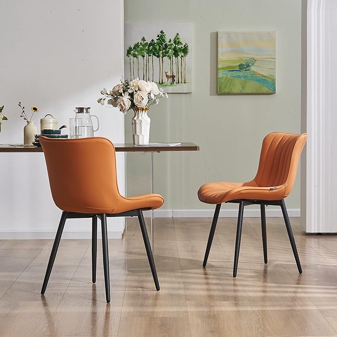 YOUNUOKE Dining Chairs Set of 2 Upholstered Mid Century Kitchen Chairs Armless Faux Leather Modern Side Chair with Padded Back Metal Legs for Living Room Bedrooms, Matte Orange - LeafyLoom
