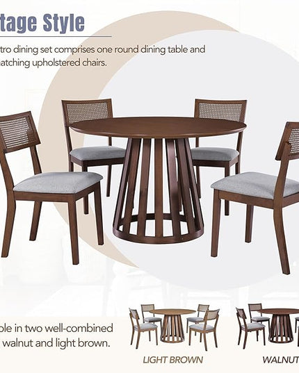NicBex Dining Table for 4 Kitchen & Dining Room Tables 5-Piece Retro Dining Set with 1 Round Dining Table and 4 Upholstered Chairs with Rattan Backrests for Dining Room and Kitchen, Walnut - LeafyLoom