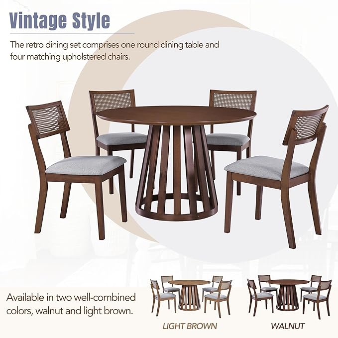 NicBex Dining Table for 4 Kitchen & Dining Room Tables 5-Piece Retro Dining Set with 1 Round Dining Table and 4 Upholstered Chairs with Rattan Backrests for Dining Room and Kitchen, Walnut - LeafyLoom