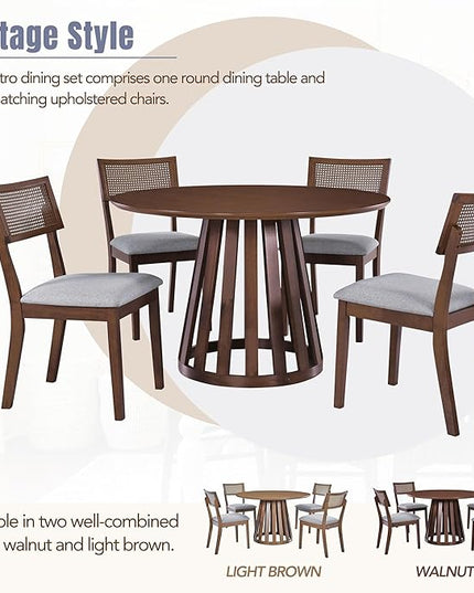 5-Piece Classic Retro Style Dining Set with Round Table and 4 Upholstered Chairs with Rattan Backrests for Kitchen, Living Room, Walnut, 47.2" L x 47.2" W x 29.9" H - LeafyLoom