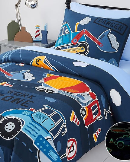 Truck Tractor Excavator Twin Comforter Set with Sheets - 5 Pieces Kids Twin Bedding Sets for Boys, Glow in The Dark Construction Trucks Twin Bed in a Bag for Kids, Teens - LeafyLoom