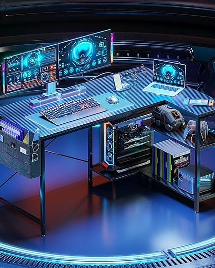 ODK 48 Inch Small L Shaped Gaming Computer Desk with Power Outlets,Corner Desk with Reversible Storage Shelves & PC Stand for Small Space, Modern Simple Home Office Table, Carbon Fiber Surface, Black - LeafyLoom