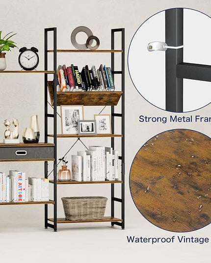 NUMENN Triple Wide 5 Tier Bookshelf, Adjustable Rustic Industrial Style Book Shelves, Modern Bookcases and Bookshelves Furniture for Bedroom, Living Room and Home Office, Vintage Brown - LeafyLoom