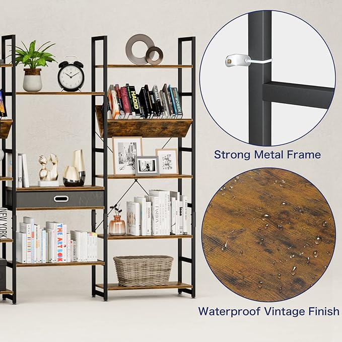 NUMENN Triple Wide 5 Tier Bookshelf, Adjustable Rustic Industrial Style Book Shelves, Modern Bookcases and Bookshelves Furniture for Bedroom, Living Room and Home Office, Vintage Brown - LeafyLoom