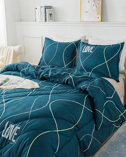 Blue Green Comforter Set Twin Size, 2 Pieces Modern Lines Pattern with Love, Soft Microfiber Bedding Comforter Set, Down Alternative Comforters for All Season (68 * 90’’) - LeafyLoom