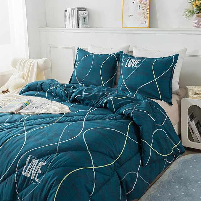 Blue Green Comforter Set Twin Size, 2 Pieces Modern Lines Pattern with Love, Soft Microfiber Bedding Comforter Set, Down Alternative Comforters for All Season (68 * 90’’) - LeafyLoom