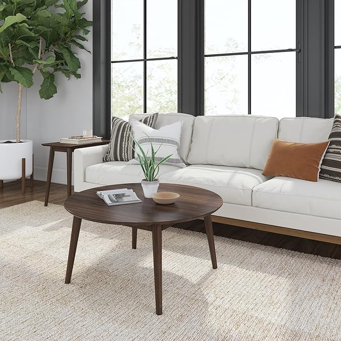 Plank+Beam Mid Century Modern Coffee Table, 36 Inch Wood Coffee Tables for Living Room, Round Center Table, Cocktail Table for Small Spaces, Walnut - LeafyLoom
