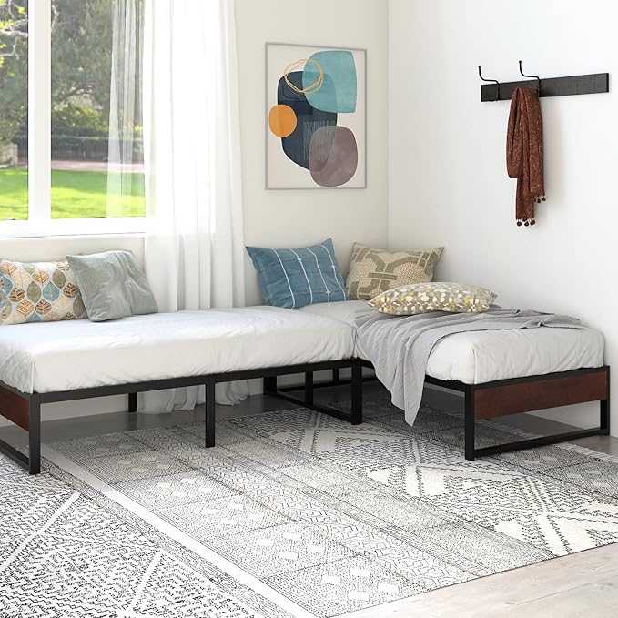 SHA CERLIN 14'' Twin Size Metal Platform Bed Frame with Rustic Wood & Reverse Holes/Ample Under-Bed Storage Space/Mattress Foundation/No Box Spring Needed/Easy Assembly - LeafyLoom