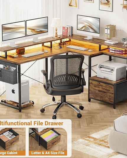 Unikito L Shaped Desk with File Drawer, Reversible L Shaped Computer Desk with Power Outlet & LED Lights, Home Office Desk Corner Desk with Monitor Shelf & Printer Cabinet, Gaming Desk, Rustic Brown - LeafyLoom