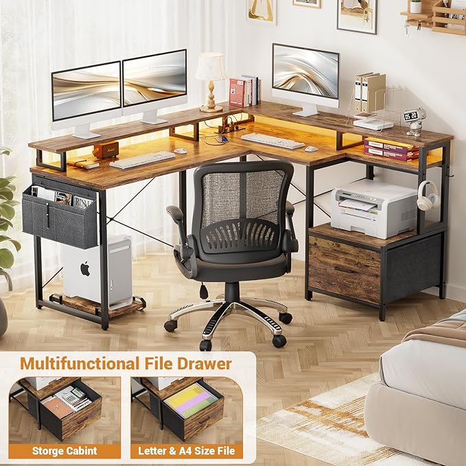 Unikito L Shaped Desk with File Drawer, Reversible L Shaped Computer Desk with Power Outlet & LED Lights, Home Office Desk Corner Desk with Monitor Shelf & Printer Cabinet, Gaming Desk, Rustic Brown - LeafyLoom