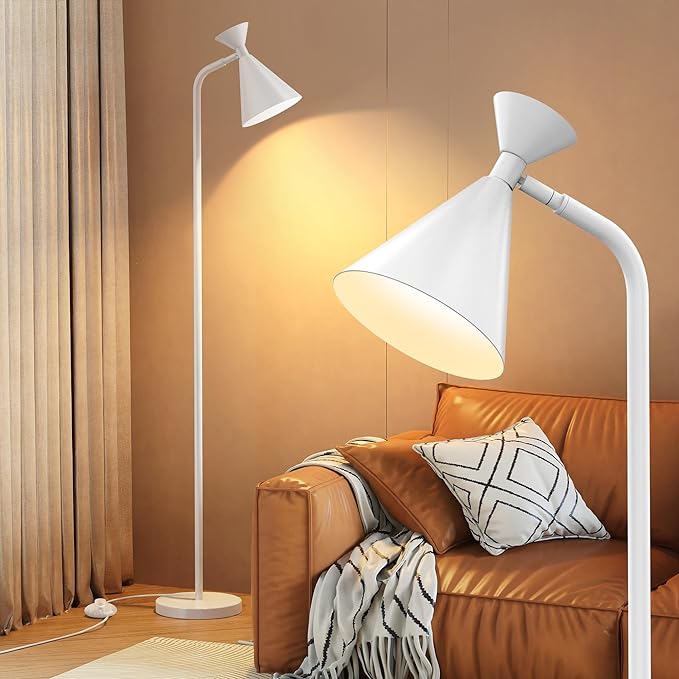 PARTPHONER Floor Lamp for Living Room, Modern Adjustable Metal Heads Standing Lamps, Simple Design White Floor Lamp with Foot Switch for Bedroom, Office, Kids Room, Reading, Working(Bulb Not Included) - LeafyLoom