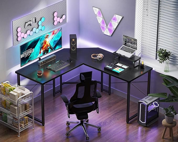 Casaottima L Shaped Gaming Desk with Monitor Stand, Corner Desk Gaming Table for Home Office, Computer Desk Sturdy Writing Workstation for Small Space, 51 inch, Black - LeafyLoom