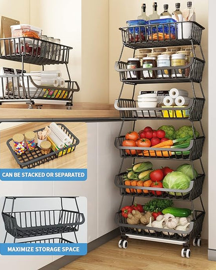 Wisdom Star 6 Tier Fruit Vegetable Basket for Kitchen, Fruit Vegetable Storage Cart/ Bins for Onions and Potatoes, Wire Storage Organizer Utility Cart with Wheels, Black - LeafyLoom