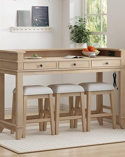 NicBex Kitchen Table Chairs Set of 4 Dining Table Set 4-Piece Dining Bar Table Set with 3 Upholstered Stools, Multifunctional Dining Table with 3 Drawers, Natural Wood Wash - LeafyLoom