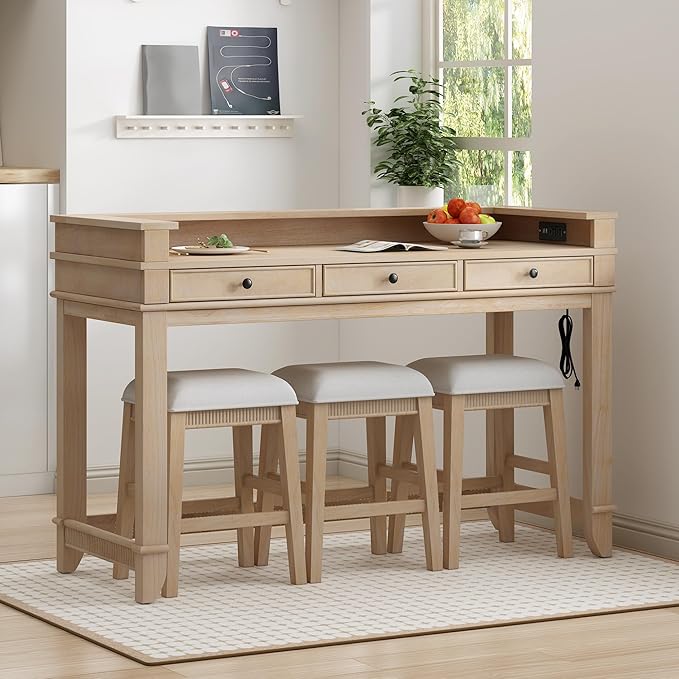 NicBex Kitchen Table Chairs Set of 4 Dining Table Set 4-Piece Dining Bar Table Set with 3 Upholstered Stools, Multifunctional Dining Table with 3 Drawers, Natural Wood Wash - LeafyLoom
