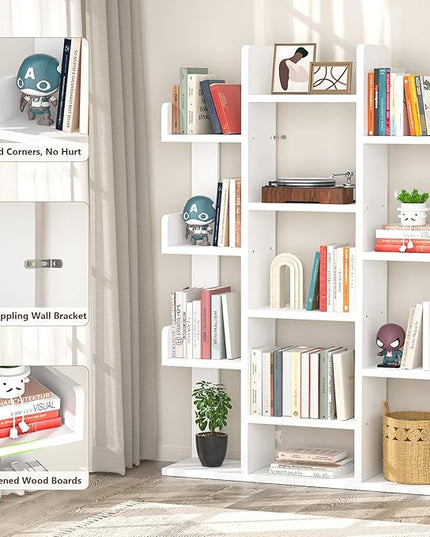 Aheaplus Bookshelf, Tree-Shaped Bookcase Storage Shelf with 13 compartments, Books Organizer Display Cube Shelves, Industrial Free Floor Standing Wood Open Bookshelves for Home, White - LeafyLoom