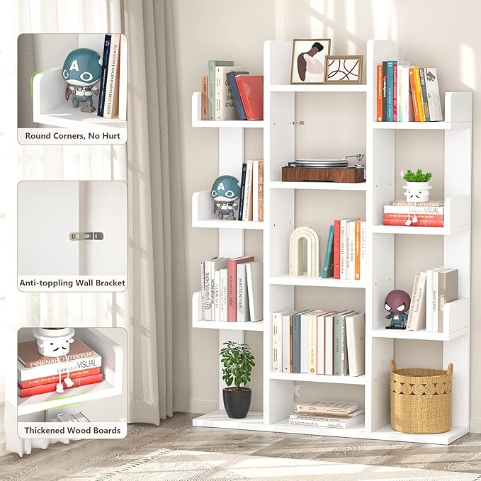 Aheaplus Bookshelf, Tree-Shaped Bookcase Storage Shelf with 13 compartments, Books Organizer Display Cube Shelves, Industrial Free Floor Standing Wood Open Bookshelves for Home, White - LeafyLoom