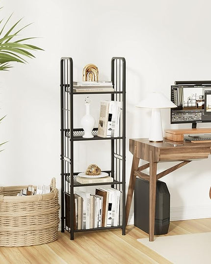 Bookshelf Vertical Storage Freestanding Storage Stand for Living Room, Bedroom, Kitchen, Rust Resistance, Easy Assemblyl Free CombinationMulti-Functional Organizer (4 Tiers, Black) - LeafyLoom