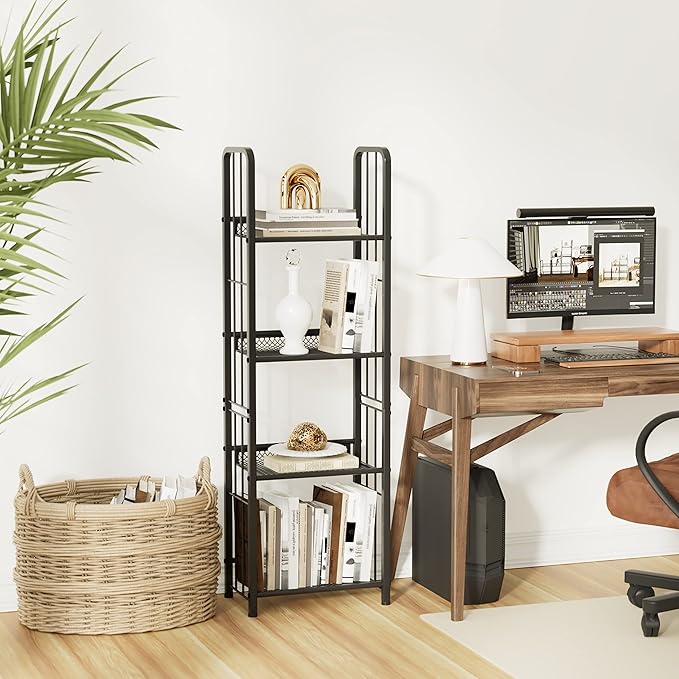 Bookshelf Vertical Storage Freestanding Storage Stand for Living Room, Bedroom, Kitchen, Rust Resistance, Easy Assemblyl Free CombinationMulti-Functional Organizer (4 Tiers, Black) - LeafyLoom