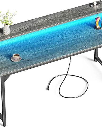 SUPERJARE 55 inch Computer Desk with LED Lights & Power Outlets, Gaming Desk with Monitor Shelf, Small Office Desk for Home & Office, Grey - LeafyLoom