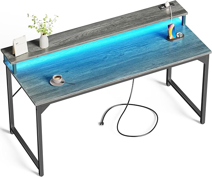SUPERJARE 55 inch Computer Desk with LED Lights & Power Outlets, Gaming Desk with Monitor Shelf, Small Office Desk for Home & Office, Grey - LeafyLoom