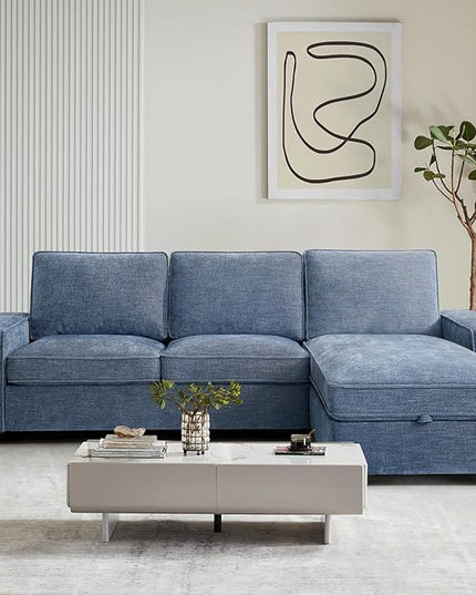 COHOME 100" L-Shaped Couch with Storage, Chenille Upholstered Deep Seat Couch for Living Room, Sofa with Reversible Chaise, Removable Covers, 3-Seater Apartment Sofa with Charge Ports,Light Blue - LeafyLoom