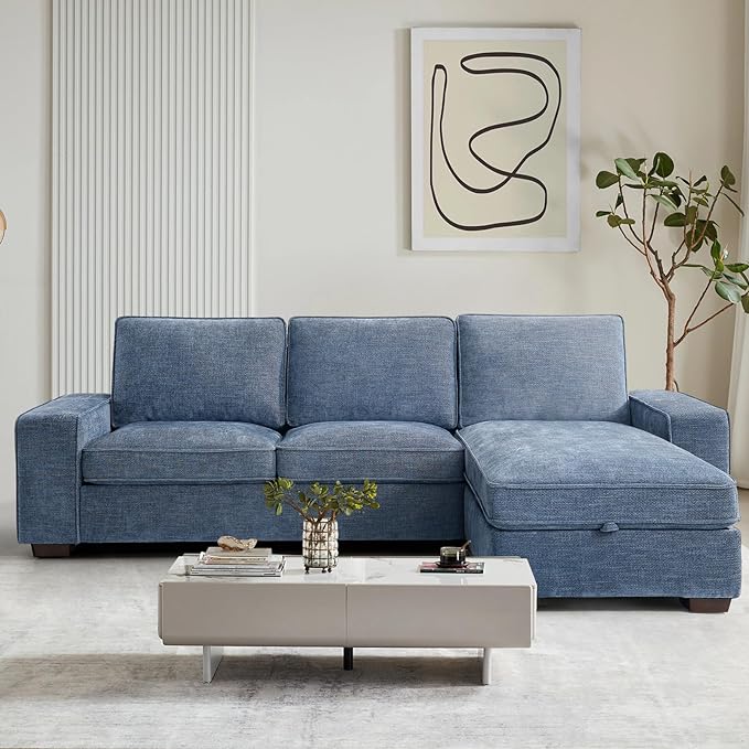 COHOME 100" L-Shaped Couch with Storage, Chenille Upholstered Deep Seat Couch for Living Room, Sofa with Reversible Chaise, Removable Covers, 3-Seater Apartment Sofa with Charge Ports,Light Blue - LeafyLoom