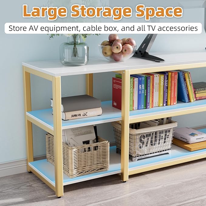 Aquzee 75in Long TV Stand for 32-85 Inch TVs, Under TV Console Table with 3-Tier Shelves, Industrial White TV Cabinet and Entertainment Center for Living Room, Bedroom, Gaming Room - LeafyLoom