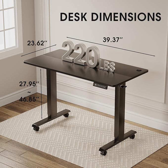 Electric Standing Desk 40 Inch, Ergonomic Height Adjustable Table with T-Shaped Metal Bracket Modern Computer Workstations for Home Office, Black - LeafyLoom